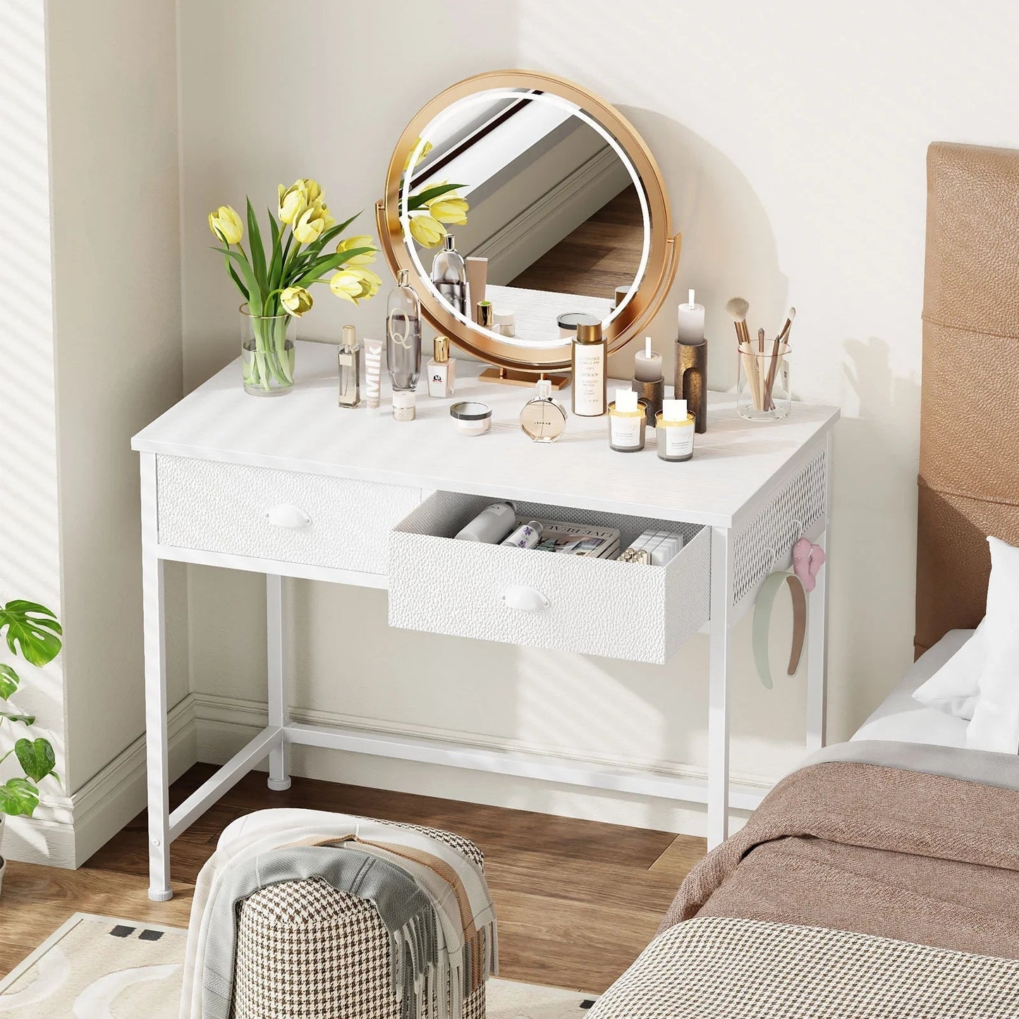White Writing Desk with Drawers & Hooks, 34" Computer Desk with 2 Fabric Drawers