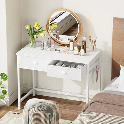 White Writing Desk with Drawers & Hooks, 34" Computer Desk with 2 Fabric Drawers