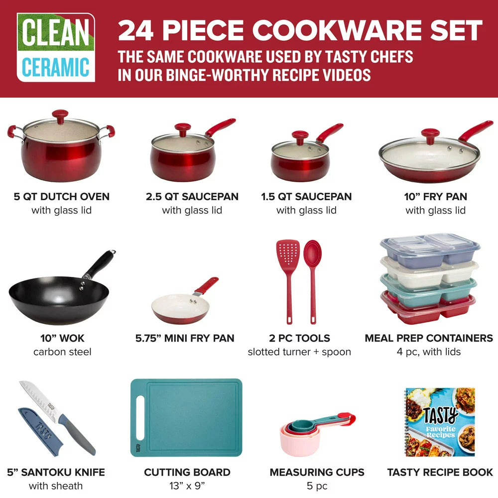 Clean Ceramic 24 Piece Non-Stick Aluminum Cookware Set, Red