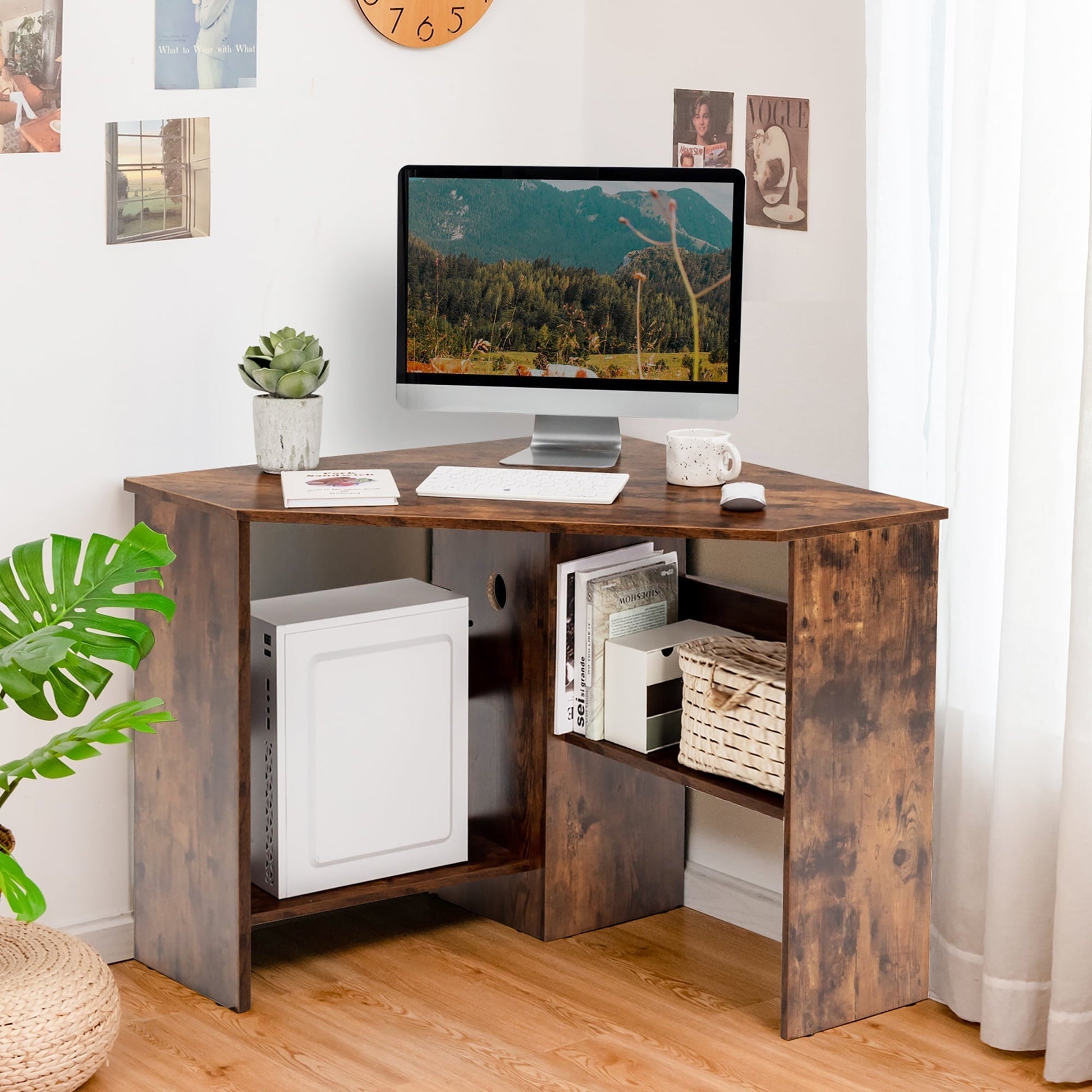 Corner Computer Desk Triangle Writing Workstation W/Storage Shelf Rustic