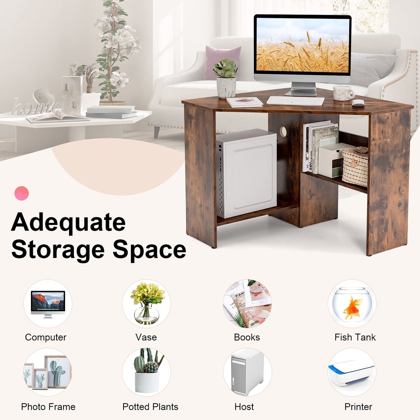 Corner Computer Desk Triangle Writing Workstation W/Storage Shelf Rustic