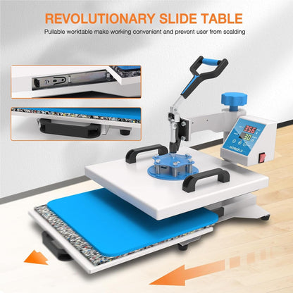Horgelu 5 in 1 Heat Press Machine 15X15 Inch Heat Transfer Machine 360-Degree Swing Away Multifunction Digital Sublimation Combo Heat Press for T Shirt Mug Hat Plate for Commercial Home 110V