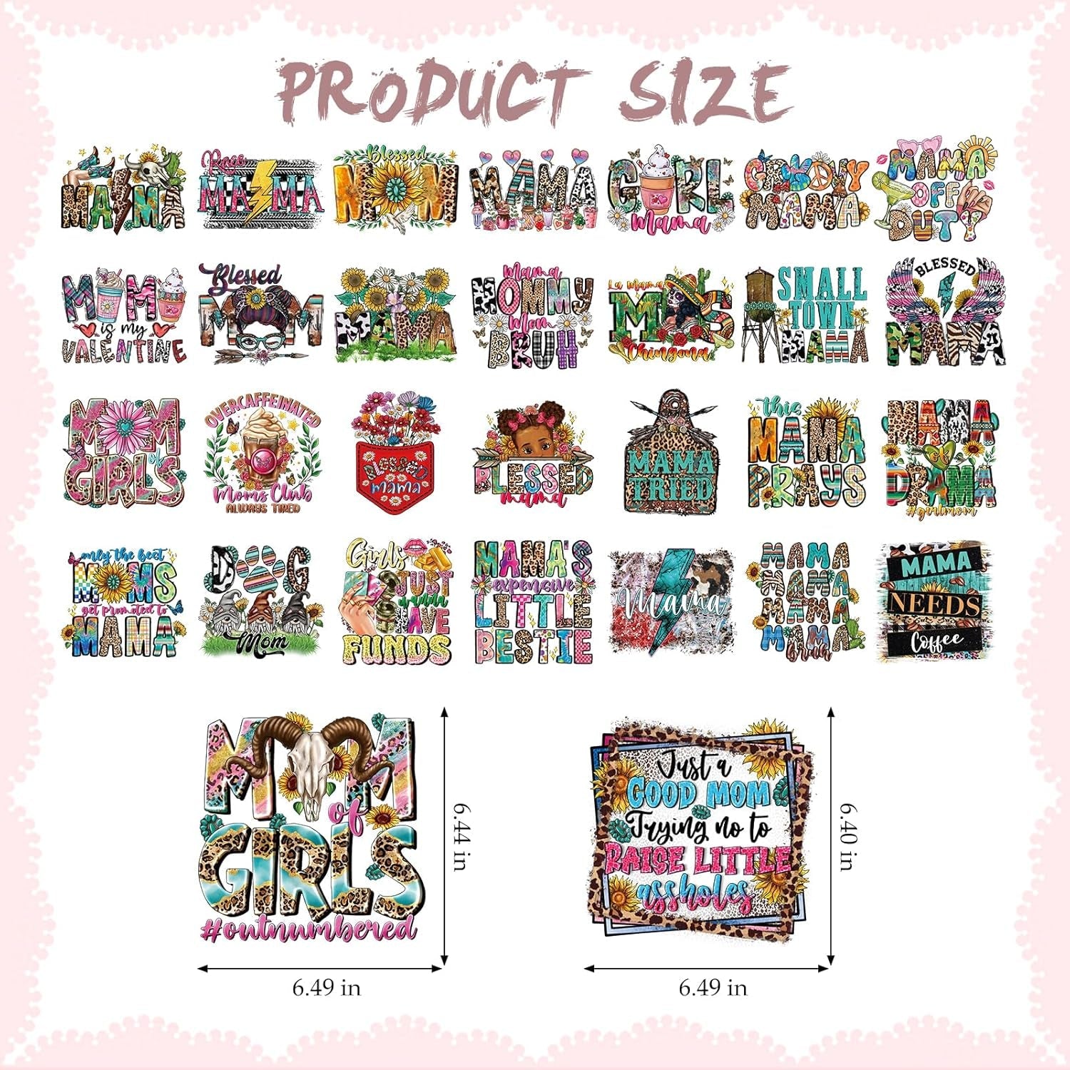 Dazoratix Mother'S Day Transfer Stickers - 30 Sheets Mama DTF Iron on Transfers Ready to Press Heat Patches Vinyl Decals for Mother T Shirts Clothes DIY Crafts Women Clothing Bag Appliques Decorations