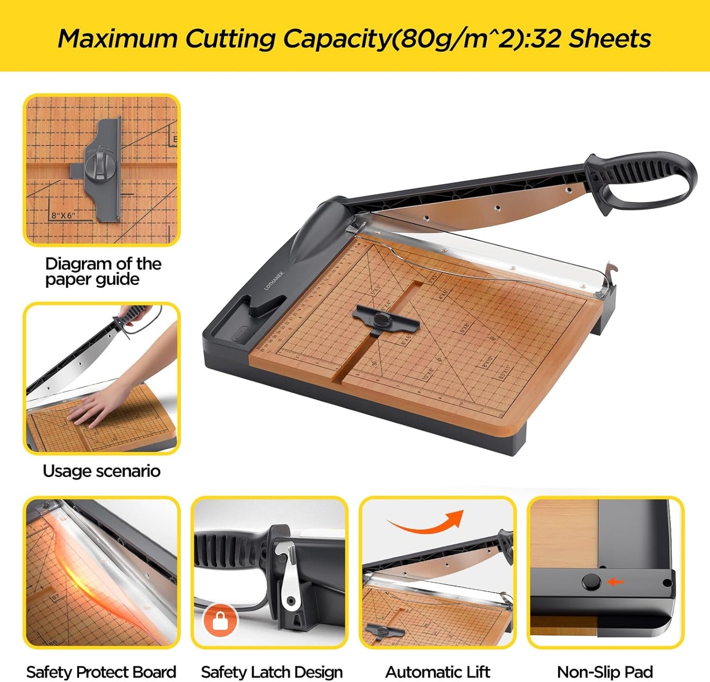 12'' Wood Guillotine Paper Cutter, Heavy Duty Wood Base Paper Trimmer with 32 Sheets Capacity Paper Cutting Board for Classroom, Crafting, Cardstock, Art Projects | 32 Sheets Capacity, Wood Base Paper Cutting Board for Classroom, Crafting, Cardstock, Teachers