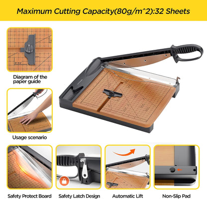 12'' Wood Guillotine Paper Cutter, Heavy Duty Wood Base Paper Trimmer with 32 Sheets Capacity Paper Cutting Board for Classroom, Crafting, Cardstock, Art Projects | 32 Sheets Capacity, Wood Base Paper Cutting Board for Classroom, Crafting, Cardstock, Teachers
