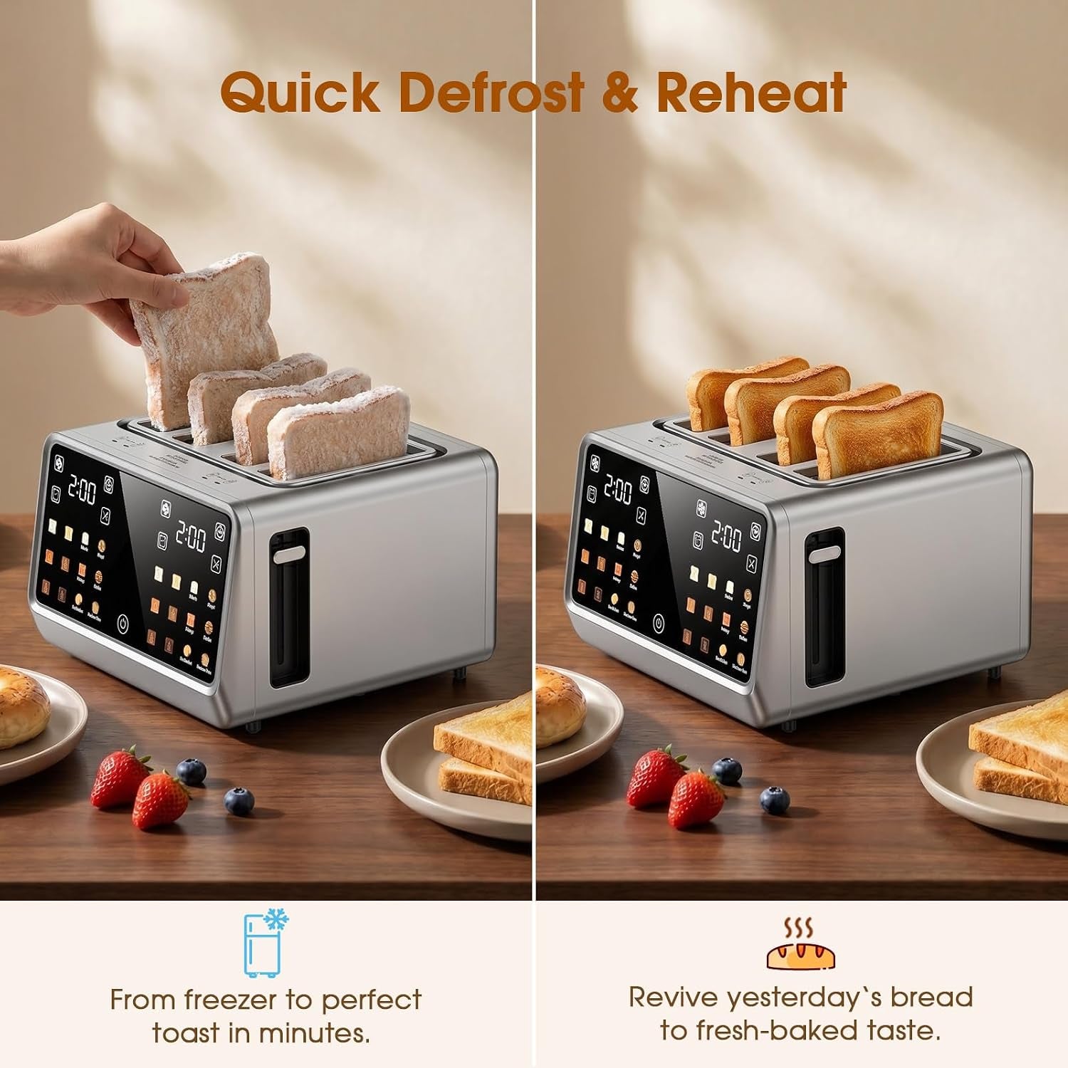4 Slice Toaster with Dual Touchscreen, 1800W Stainless Steel Dual Zone Independent Control Extra Wide Slot 1.5 Inch, Smart Breadid Timer for Bagel Waffle, Kitchen Essentials