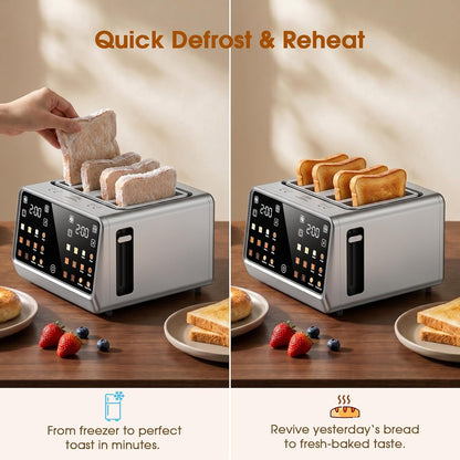 4 Slice Toaster with Dual Touchscreen, 1800W Stainless Steel Dual Zone Independent Control Extra Wide Slot 1.5 Inch, Smart Breadid Timer for Bagel Waffle, Kitchen Essentials