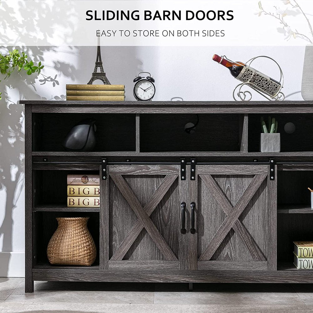 4 Layer Farmhouse Coffee Bar Cabinet with Power Outlet & LED Light, 57" Double Barn Door Buffet Sideboard Kitchen Cabinet with Adjustable Shelves(Grey)