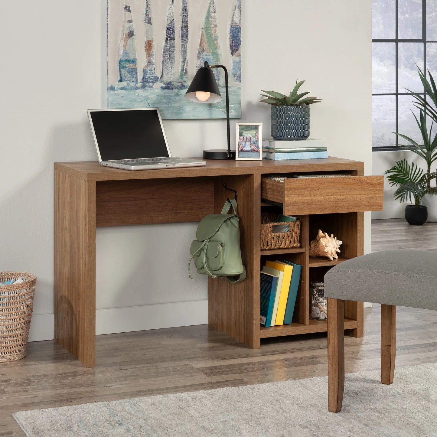 Westley Adjustable Shelf Desk with Gaming Headphone Hook and Cable Management, Warm Walnut Finish