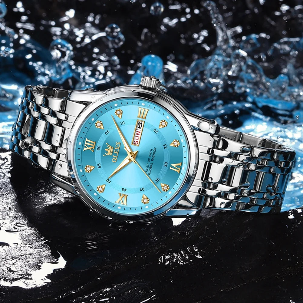 Watches for Men Classic Business Dress Analog Quartz Stainless Steel Waterproof Luminous Date Diamond Mens Wrist Watches Relojes De Hombre,Gold/Blue/Black Dial