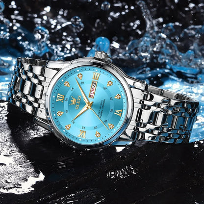 Watches for Men Classic Business Dress Analog Quartz Stainless Steel Waterproof Luminous Date Diamond Mens Wrist Watches Relojes De Hombre,Gold/Blue/Black Dial