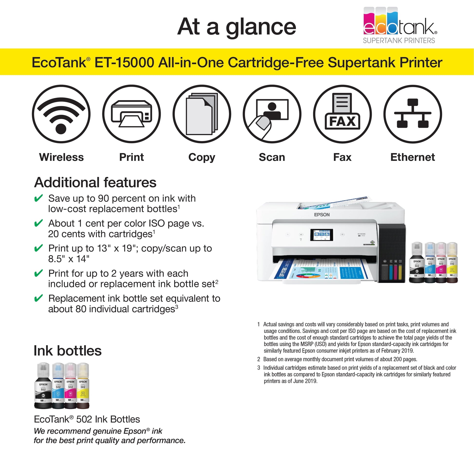Ecotank ET-15000 Wireless Color All-In-One Supertank Printer with Scanner, Copier, Fax, Ethernet and Printing up to 13 X 19 Inches