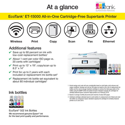 Ecotank ET-15000 Wireless Color All-In-One Supertank Printer with Scanner, Copier, Fax, Ethernet and Printing up to 13 X 19 Inches