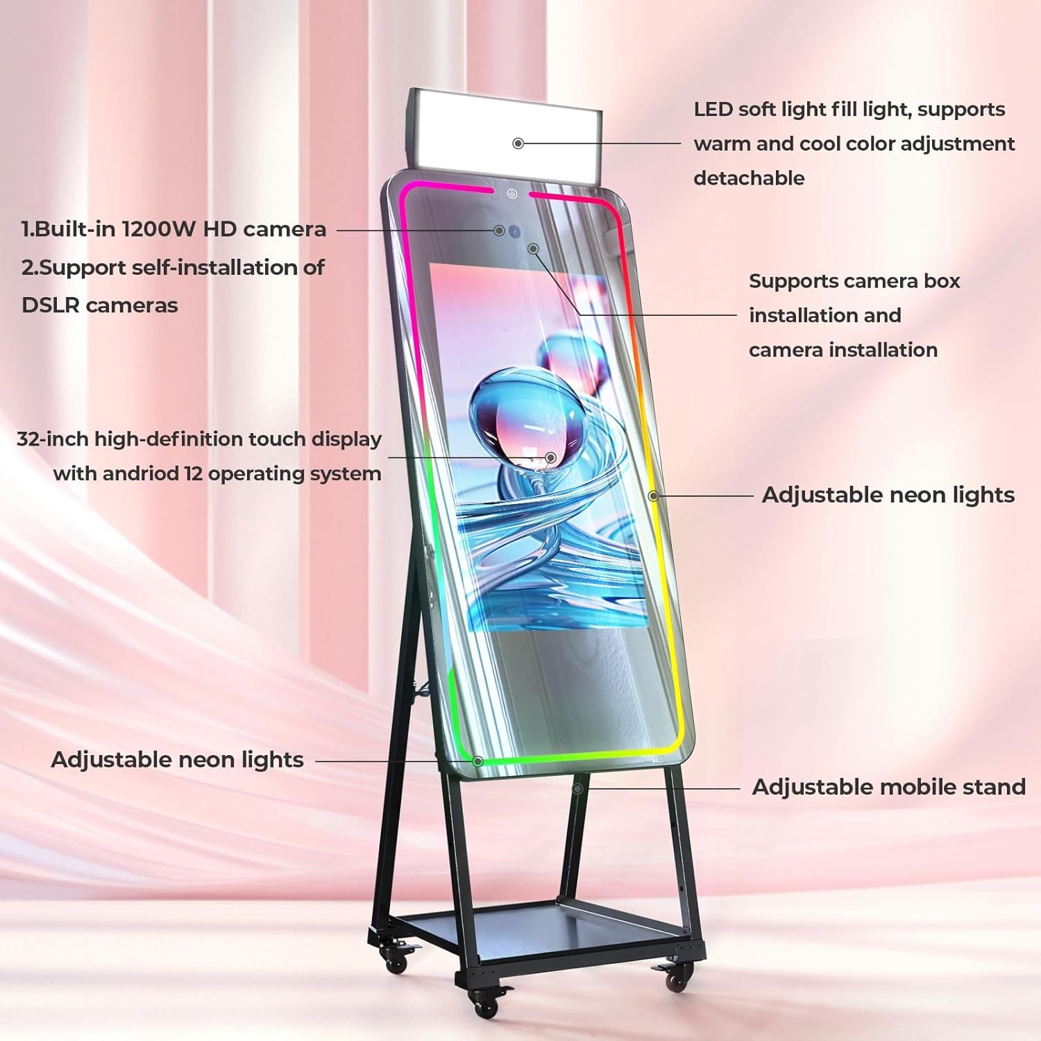 MWE Magic Mirror Photo Booth Machine Touch Screen with Printer,12Mp 4K HD Camera,Rgb Surround Light Music Sync,Professional Photography Light,Dual System,Software APP Remote Control (47In)