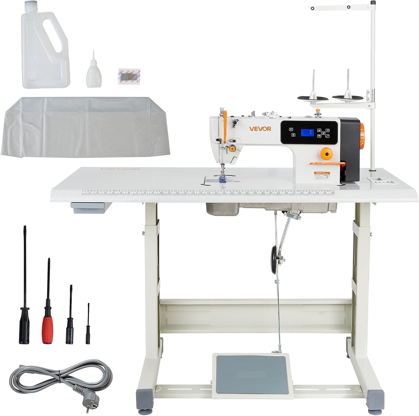 VEVOR Industrial Lockstitch Sewing Machine, 550W Servo Motor Commercial Sewing Machine Set with Table Stand, 5000 SPM High Speed, Auto Thread Trimmer, Metal Frame for Denim Cotton Sewing