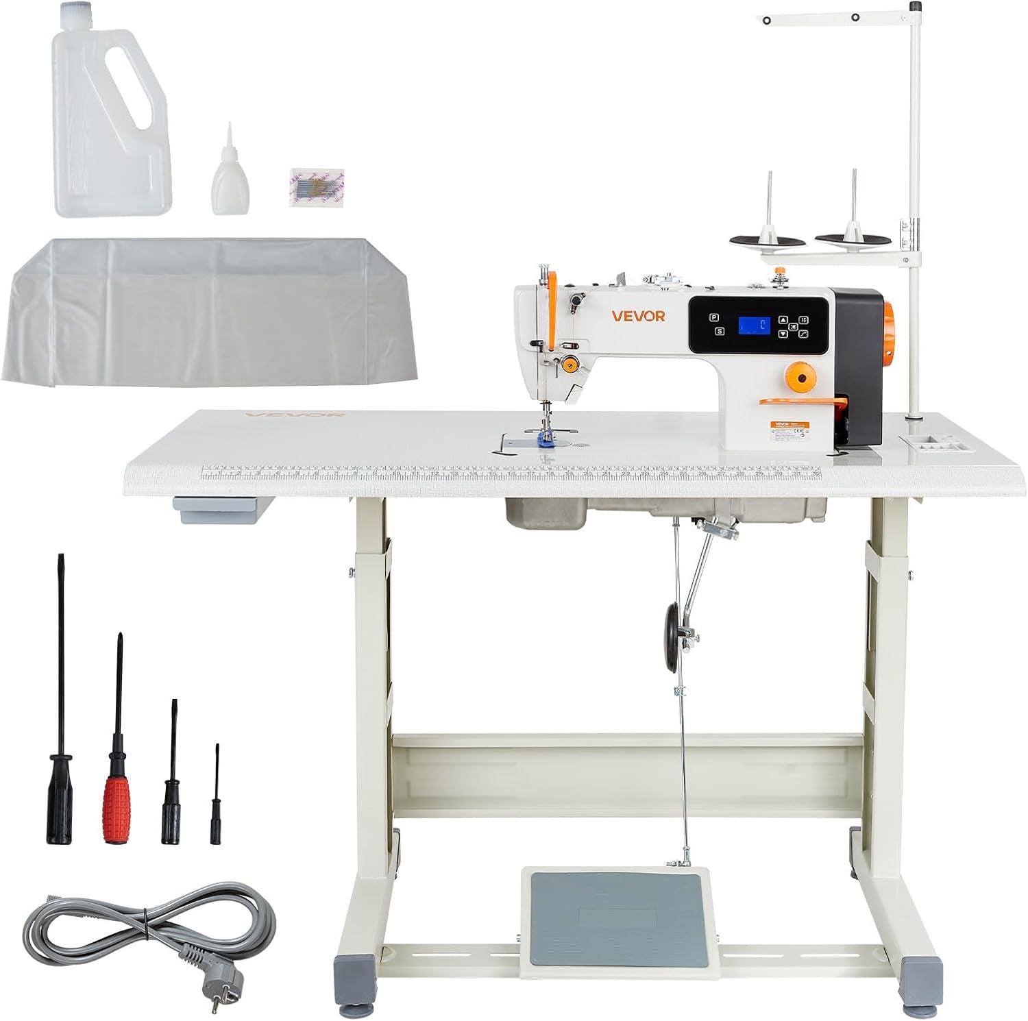 VEVOR Industrial Lockstitch Sewing Machine, 550W Servo Motor Commercial Sewing Machine Set with Table Stand, 5000 SPM High Speed, Auto Thread Trimmer, Metal Frame for Denim Cotton Sewing