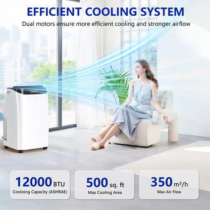 12000 BTU Portable Air Conditioner Cools up to 500 Sq. Ft, 3-In-1 AC, Dehumidifier, Fan