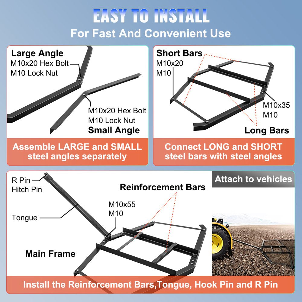 brand Drag Harrow 66"X 35" , Driveway Tractor Harrow with 2 Adjustable Bars, Heavy Duty Steel, Driveway Grader for ATV, UTV, Garden Lawn Tractors