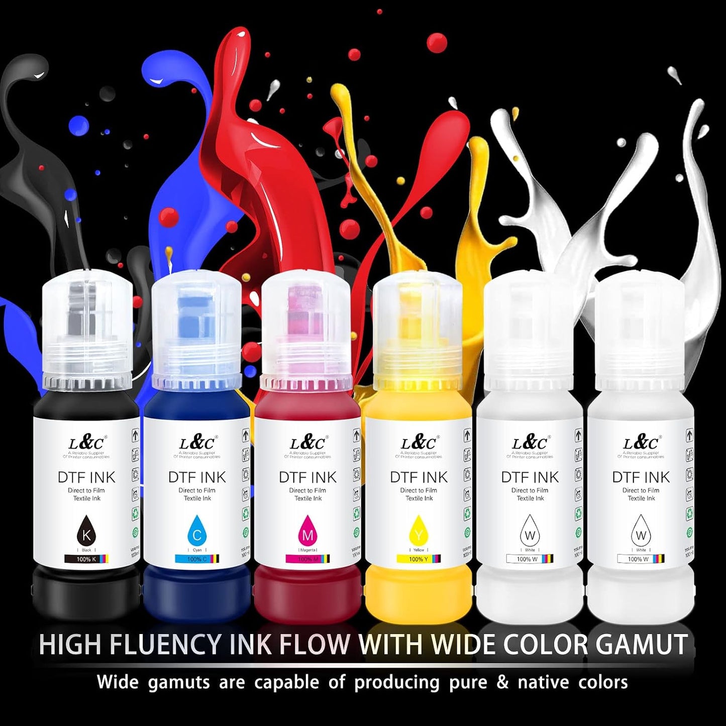 L&C DTF Ink Auto-Fill 600ML DTF Transfer Ink for Epson ET-8550 ET-8500 D570 R1390 DTF Printers Upgraded Heat Transfer Printing Direct to Film Set 100ML X 4 CMYK, 100ML X 2 White (Anti-Uv/Icc-Free)