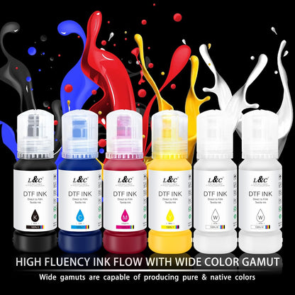 L&C DTF Ink Auto-Fill 600ML DTF Transfer Ink for Epson ET-8550 ET-8500 D570 R1390 DTF Printers Upgraded Heat Transfer Printing Direct to Film Set 100ML X 4 CMYK, 100ML X 2 White (Anti-Uv/Icc-Free)