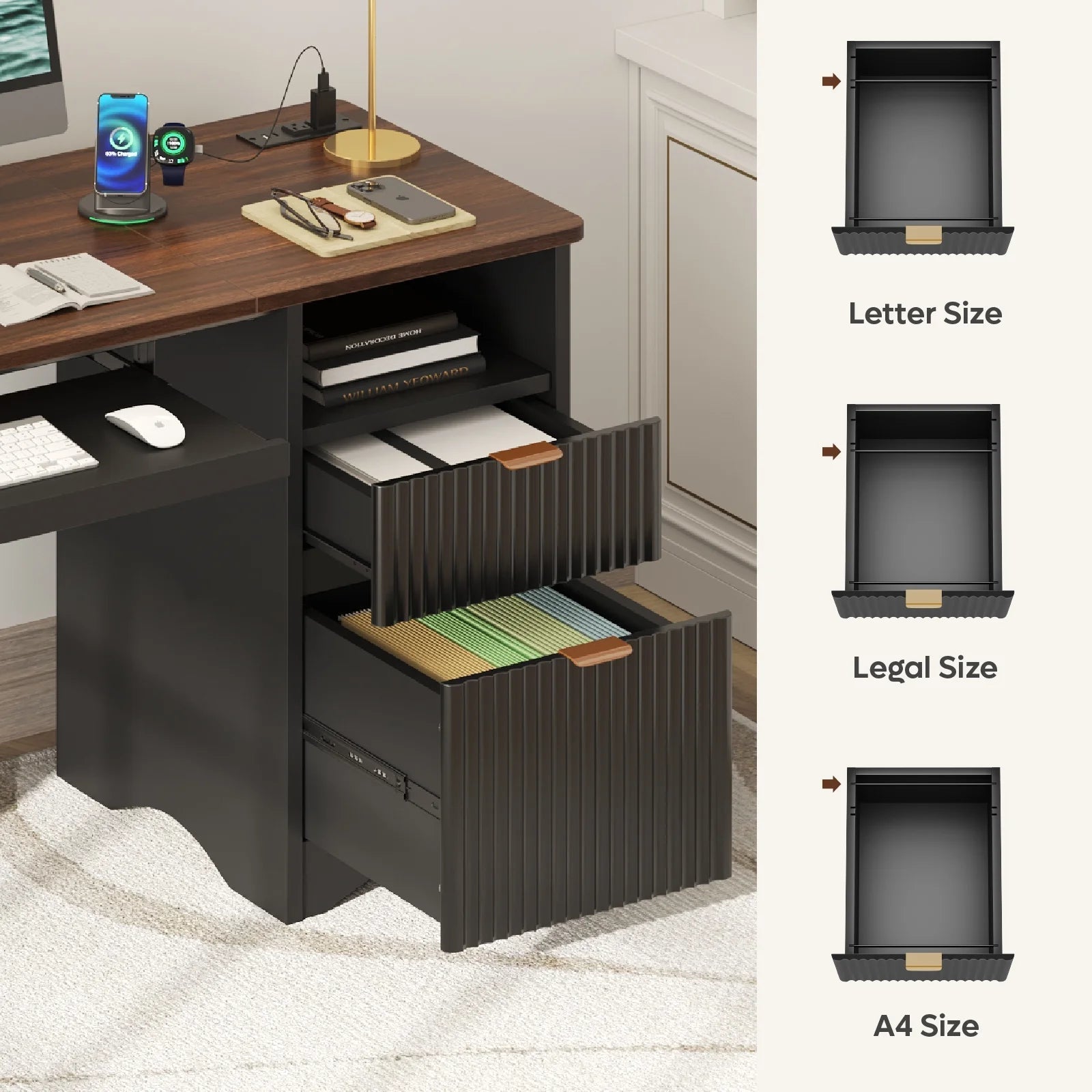 55" Computer Writing PC Desk Home Office with Power Outlets Keyboard Tray and Storage Drawers, Black