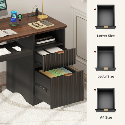 55" Computer Writing PC Desk Home Office with Power Outlets Keyboard Tray and Storage Drawers, Black