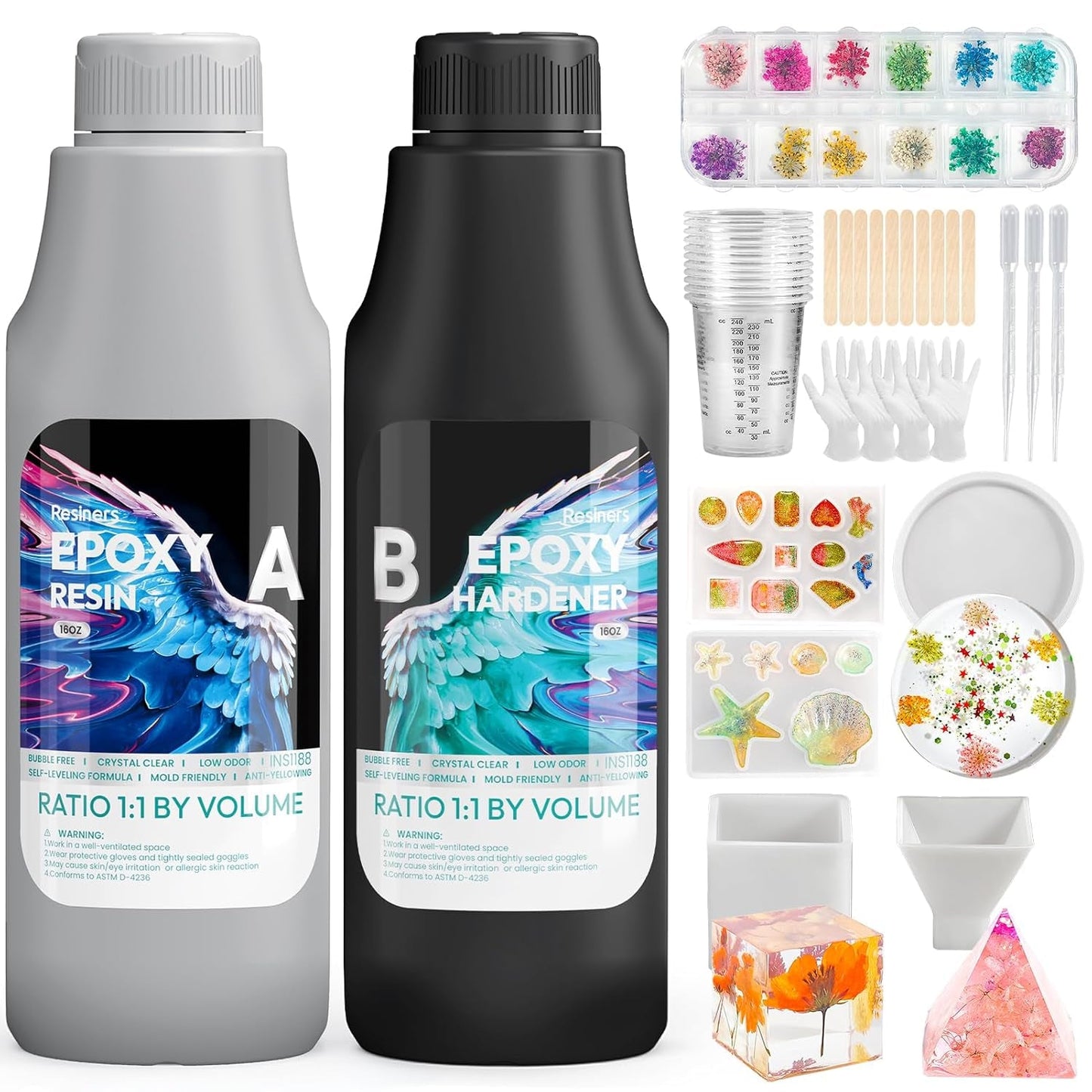 Resiners Epoxy Resin Starter Kit, 32Oz Crystal Clear Epoxy Resin Including Molds Nail Art Decals & Accessories, High Gloss Non Yellowing No Bubble for Casting Jewelry Making Wood Coating DIY Crafts