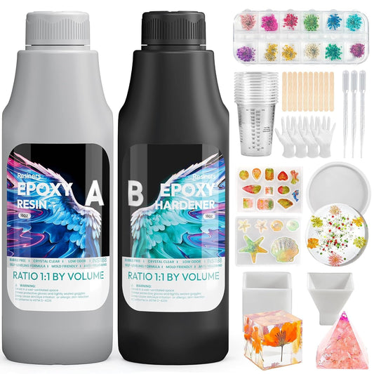 Resiners Epoxy Resin Starter Kit, 32Oz Crystal Clear Epoxy Resin Including Molds Nail Art Decals & Accessories, High Gloss Non Yellowing No Bubble for Casting Jewelry Making Wood Coating DIY Crafts