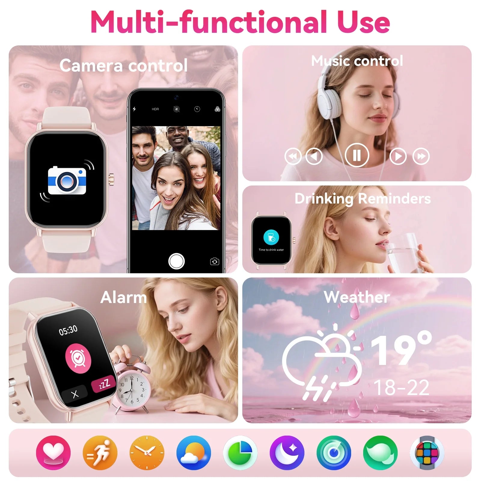 1.85-Inch Men'S and Women'S Smartwatch Fits for Android and Iphone Devices with Fitness Tracker, Pedometer, Answer/Call/120 Sport Modes, IP68 Waterproof Fitness Watch (Pink)