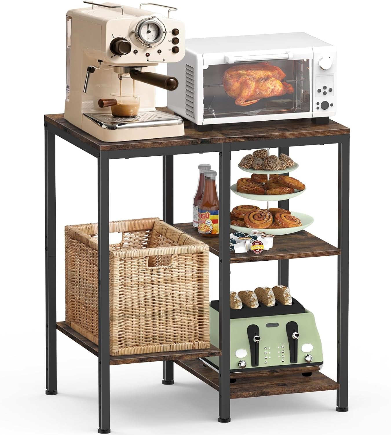 OGEMXU Kitchen Microwave Stand,4-Tier Adjustable Microwave Cart, Brown | Storage Shelf Rack,Open Storage Design for Spices, Pots Small Side Table,Coffee Cart for Living Room Office, Balcony