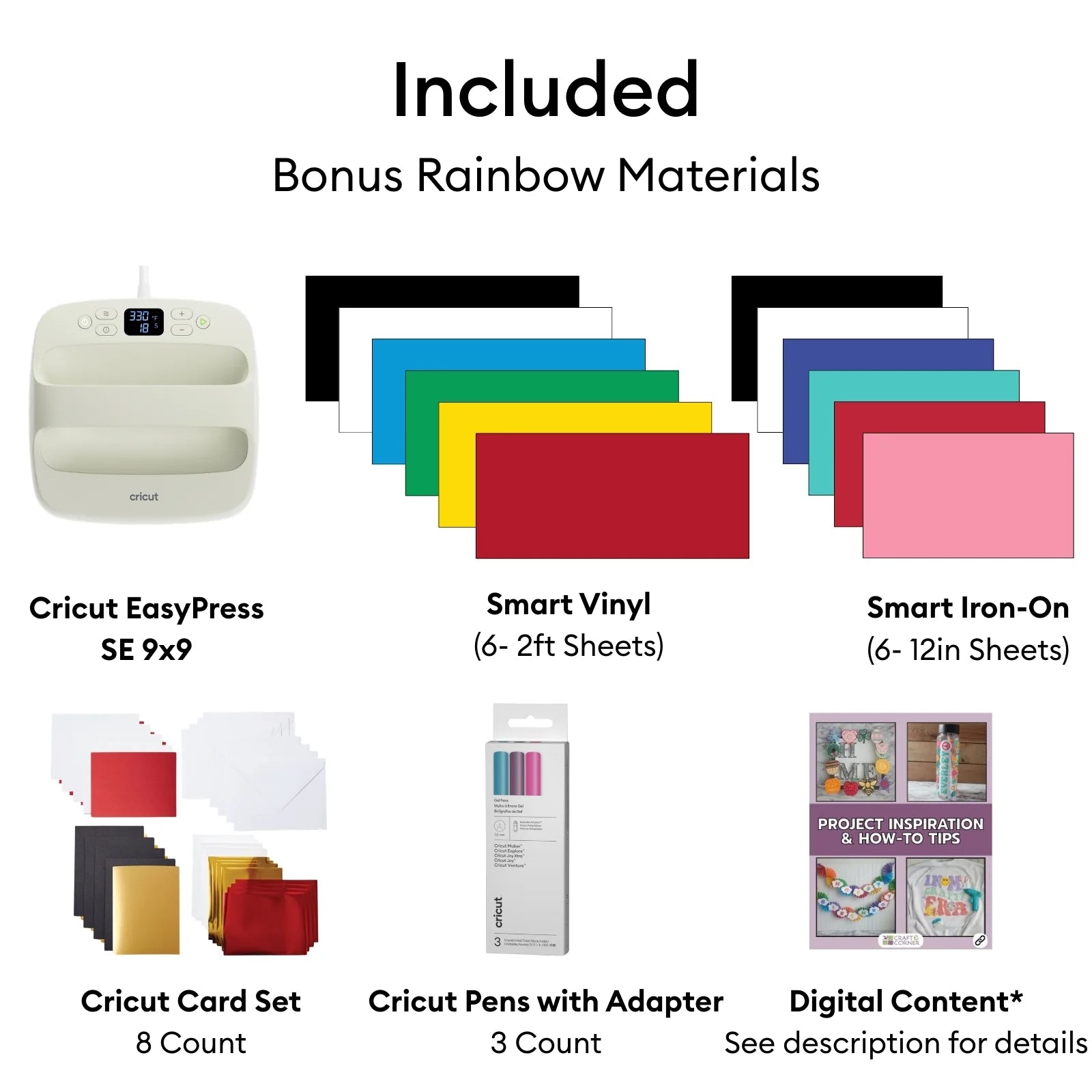 Cricut Explore 5 Essentials Machine Bundle with Easypress 9X9, Rainbow Smart Vinyl & Smart Iron-On and 100+ Project Design Ebook - DIY Cutting Machine for Vinyl, HTV, T-Shirts & Home Decor