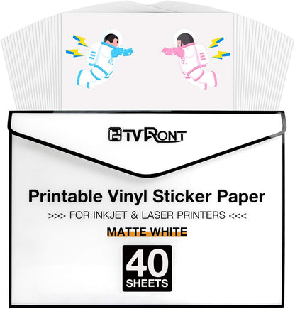 Printable Vinyl for Inkjet Printer & Laser Printer - 40 Pcs Matte White Inkjet Waterproof Printable Vinyl Sticker Paper, 8.5"X11"