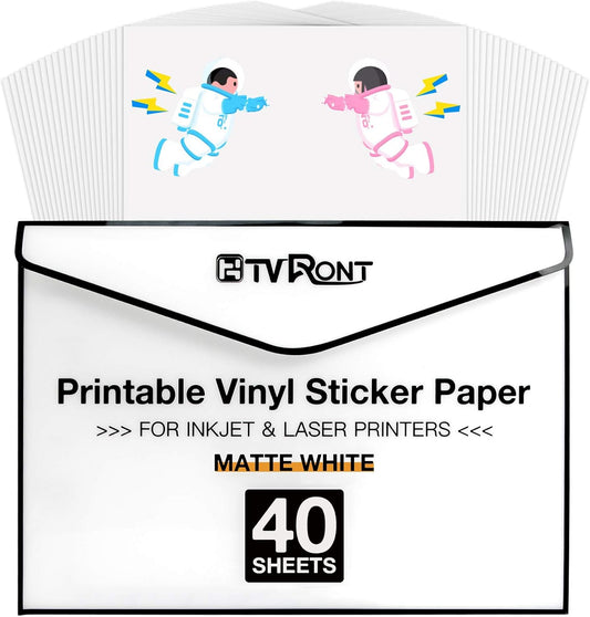 Printable Vinyl for Inkjet Printer & Laser Printer - 40 Pcs Matte White Inkjet Waterproof Printable Vinyl Sticker Paper, 8.5"X11"