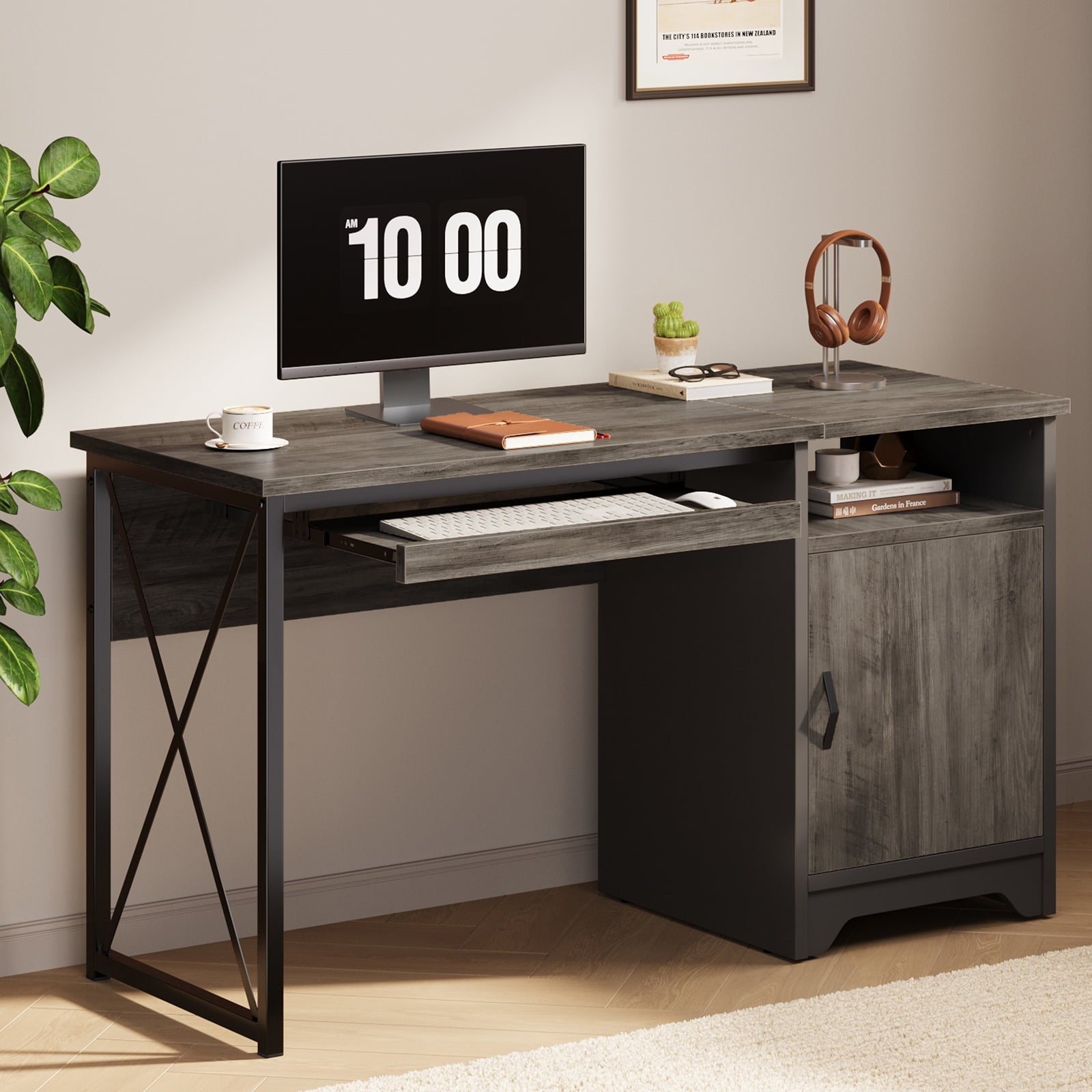 Home Office Desk 47" Computer Desk Small PC Table with Keyboard Tray and Storage Cabinet,Wash Gray