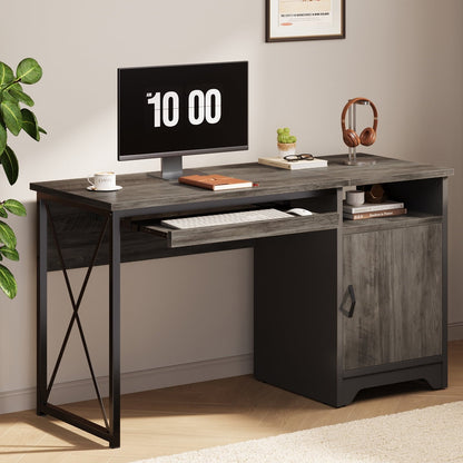 Home Office Desk 47" Computer Desk Small PC Table with Keyboard Tray and Storage Cabinet,Wash Gray