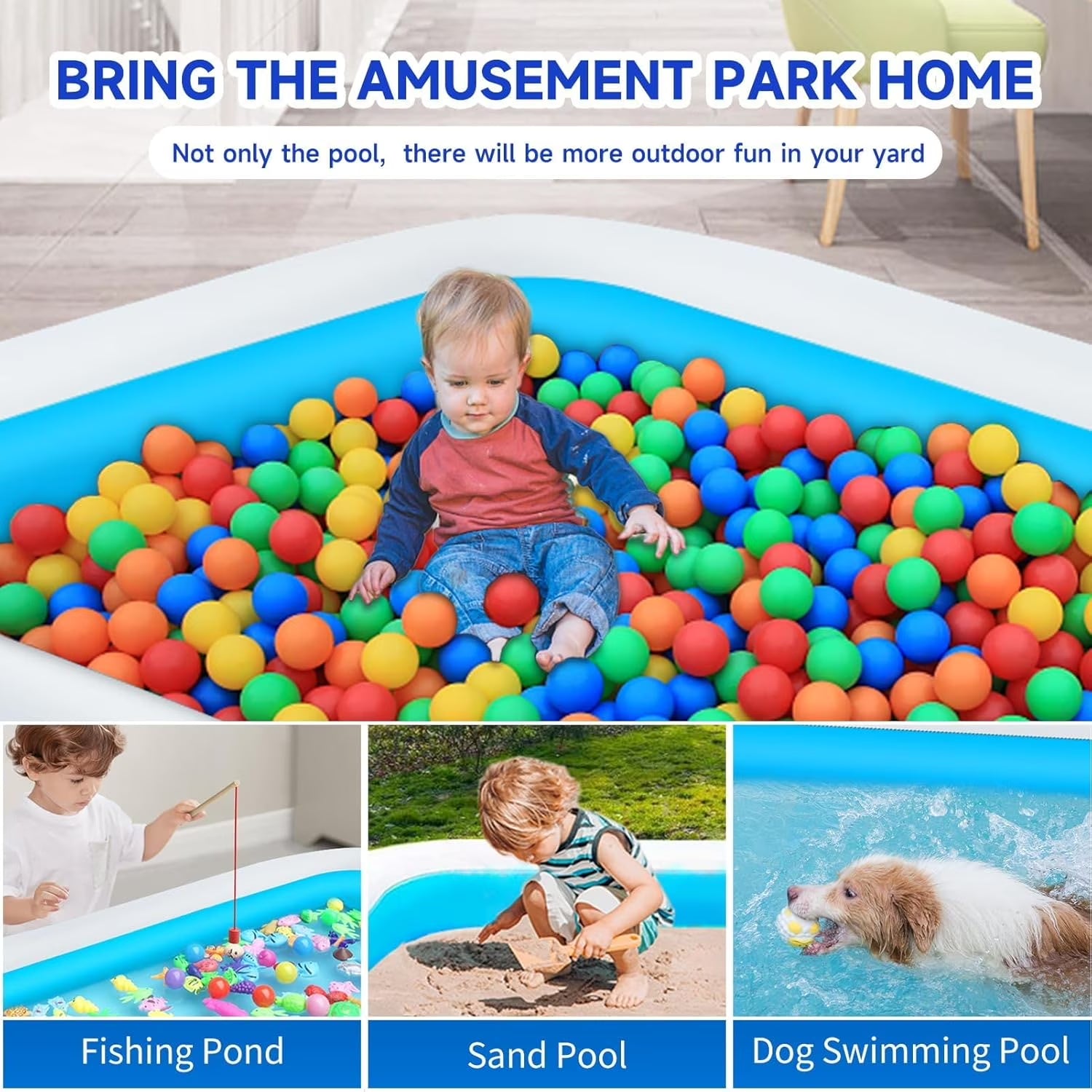 113'' Inflatable Swimming Pool, Large Kids Outdoor Pools with Wireless Pump, Blue