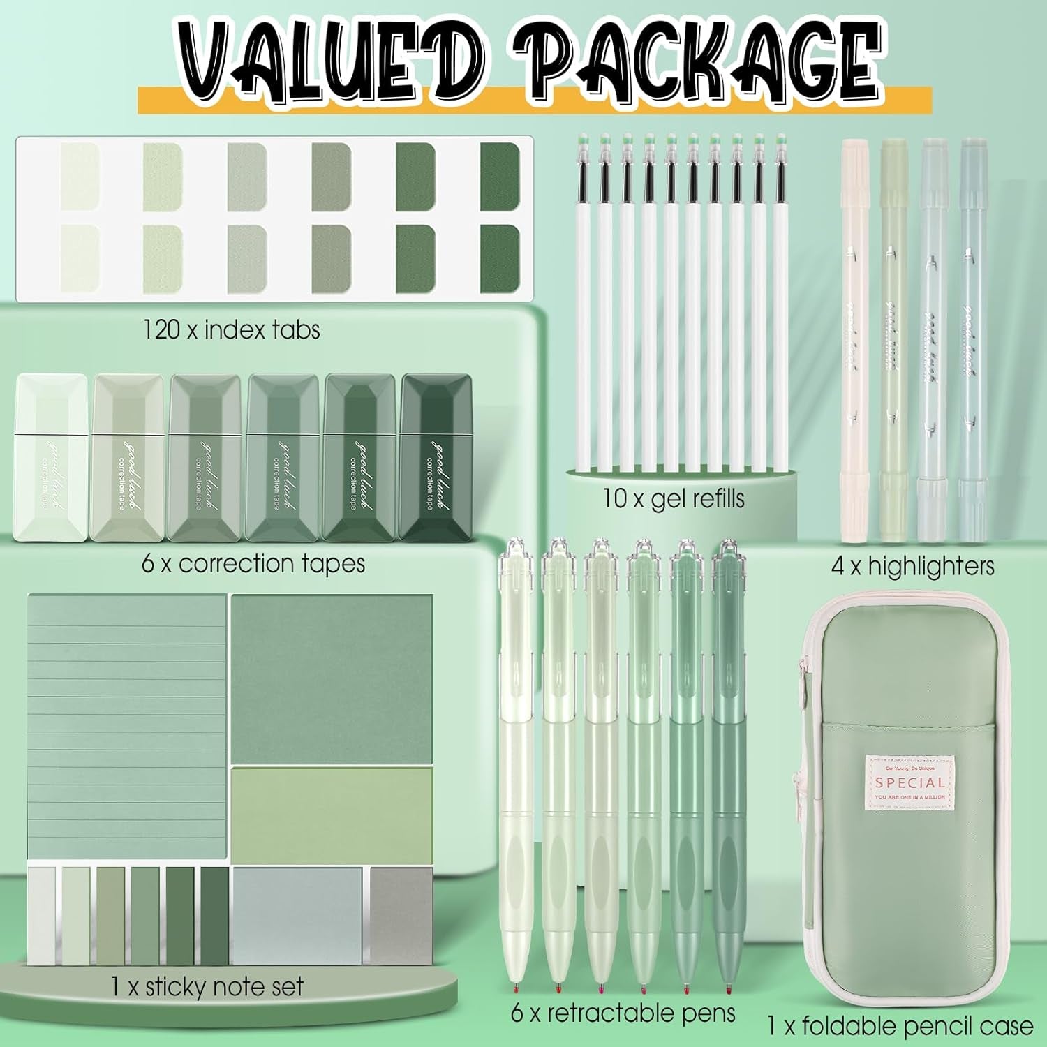 Janlaugh 38 Pcs Aesthetic College School Supplies with Pen Case Sticky Notes Gel Pens Highlighters Correction Tapes Back to School Stationery Kit(Green Color,Classic)