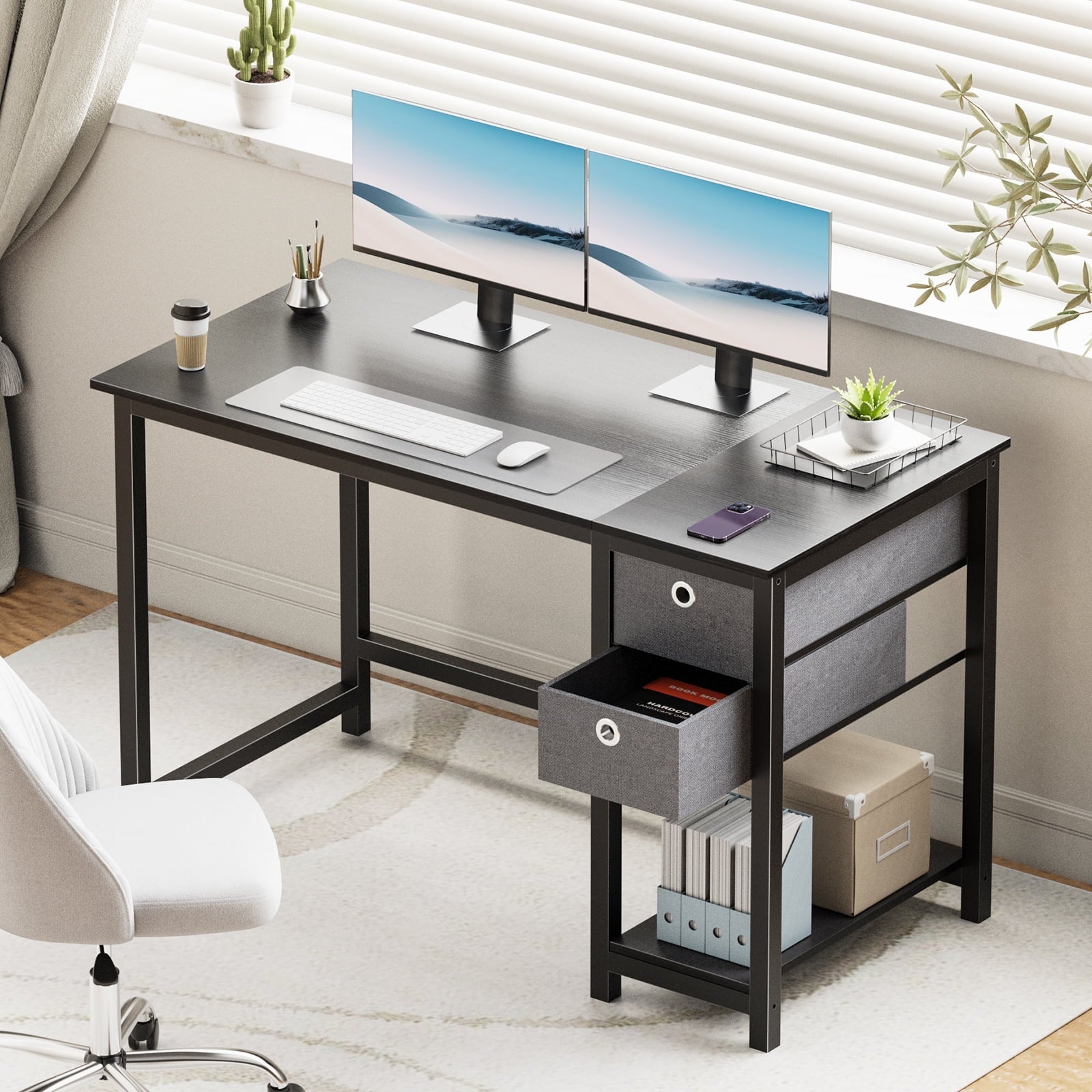 Computer Desk with Drawer 40 Inch PC Table Study Desk with 2-Tier Drawers Storage Shelf Headphone Hook, Modern Simple Style Laptop Desk