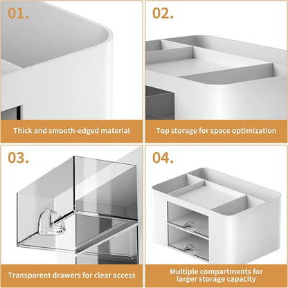 Marbrasse Pen Organizer with 2 Drawer, Multi-Functional Pencil Holder for Desk, Desk Organizers and Accessories with 5 Compartments + Drawer for Office Art Supplies (White)