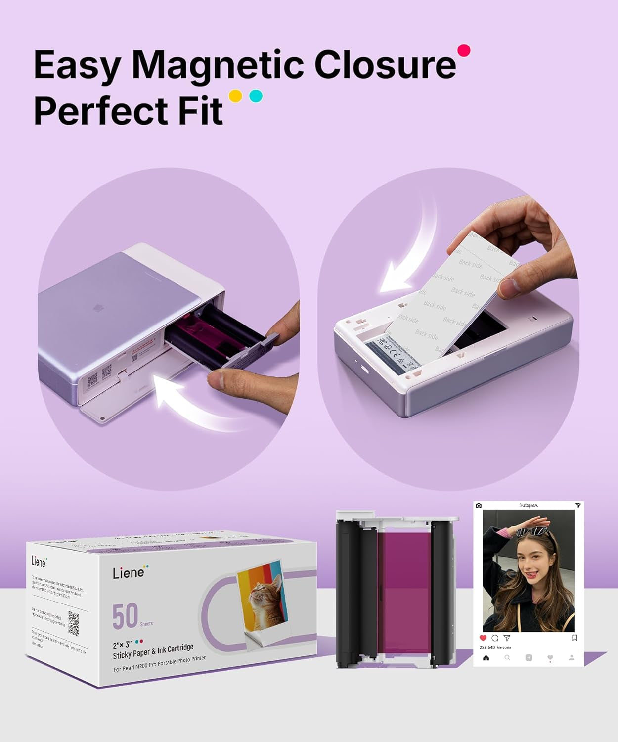 Liene Pearl N200 Pro Portable Photo Printer Photo Paper 50 Sheets & 5 Cartridges, Picture Printer Sticker Paper Adhesive, Waterproof, Smudge Proof, Photo Paper Only for DMP130 for Scrapbook