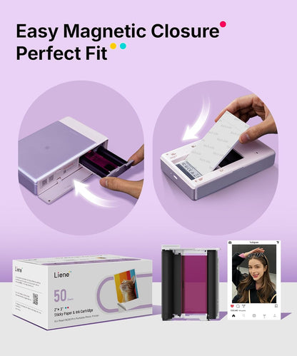 Liene Pearl N200 Pro Portable Photo Printer Photo Paper 50 Sheets & 5 Cartridges, Picture Printer Sticker Paper Adhesive, Waterproof, Smudge Proof, Photo Paper Only for DMP130 for Scrapbook