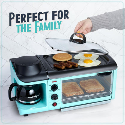 Nostalgia 3-In-1 Breakfast Station - Includes Coffee Maker, Non-Stick Griddle, and 4-Slice Toaster Oven - Versatile Breakfast Maker with Timer - Aqua