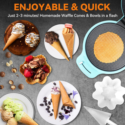 Baker's Friend Waffle Cone Maker Machine with Browning Control, Nonstick Waffle Bowl Maker, 7.5” Ice Cream Cone Maker, Thin Waffle Maker Crispy, Cone Roller & Bowl Press Included, Aqua