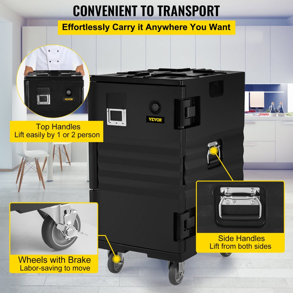 Insulated Food Pan Carrier 109 Qt Hot Box for Catering, LLDPE Food Box Carrier with Double Buckles, Front Loading Food Warmer with Handles, End Loader with Wheels for Restaurant, Canteen, Etc.