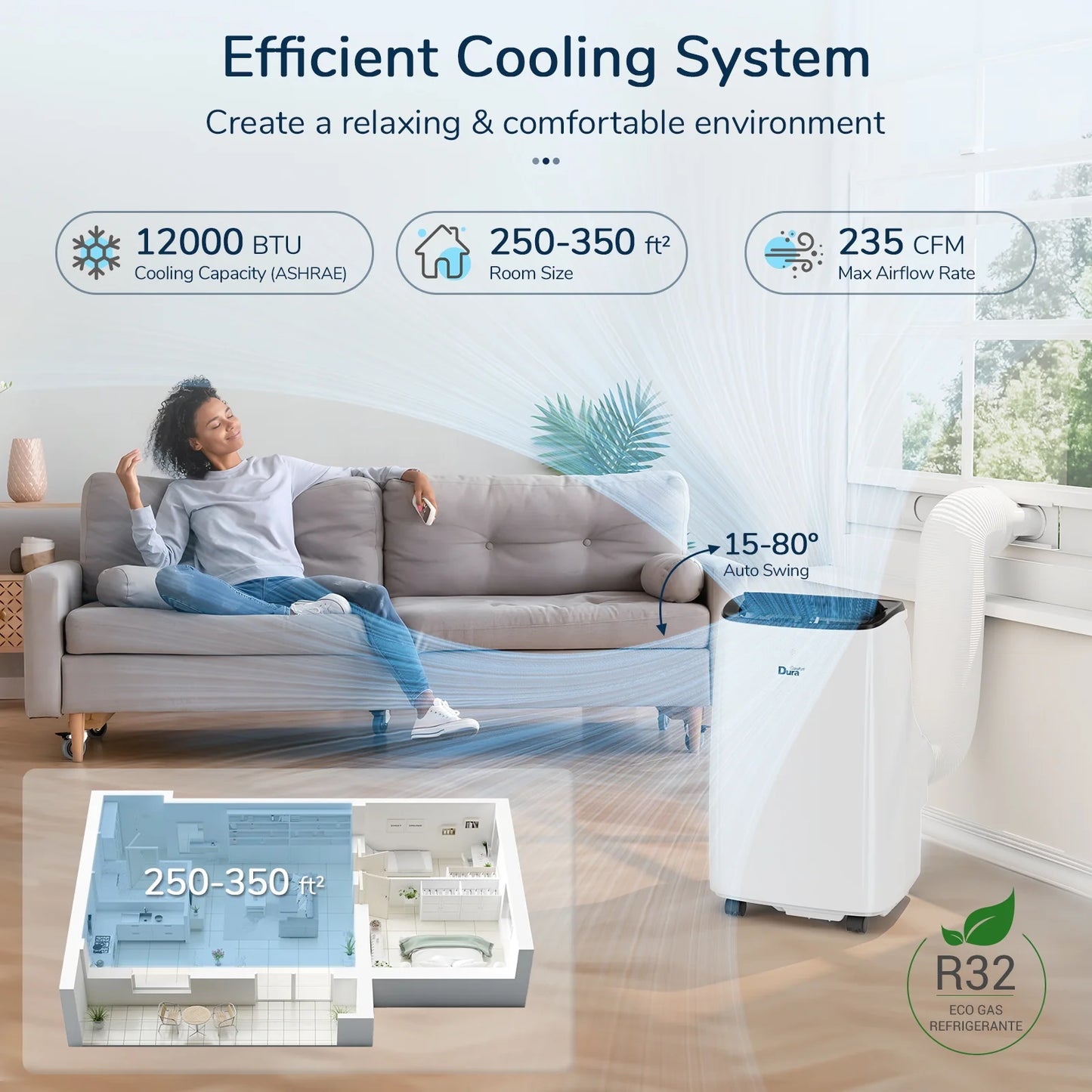 12000 BTU Portable Air Conditioner with Dehumidifier, Fan for Bedroom up to 300 Sq.Ft