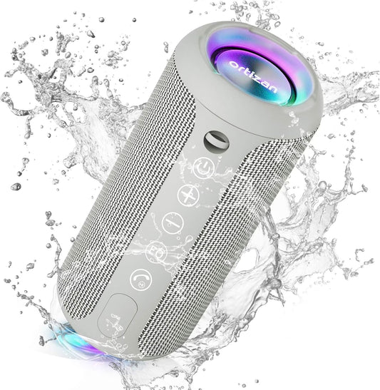 Wireless Portable Speaker,Ipx7 Waterproof Bluetooth Speaker, 24W Loud Stereo Sound, Bassboom Technology, TWS Pairing, Built-In Mic, 30H Playtime with Lights for Home Outdoor - Gray