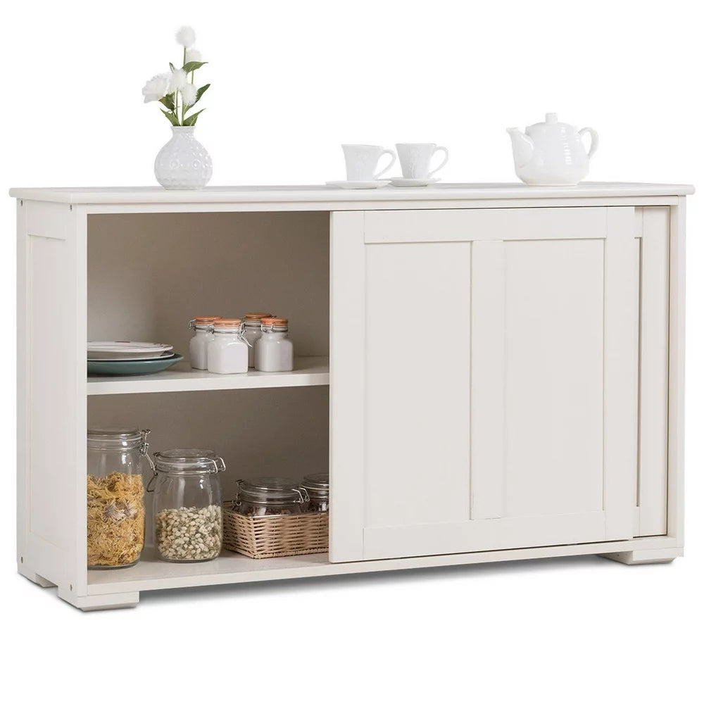 Kitchen Storage Cabinet Sideboard Buffet Cupboard Wood Sliding Door Pantry Cream White