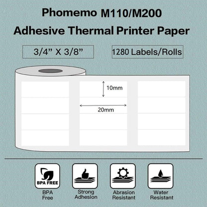 Phomemo M110 Labels-Sticker Labels for M110/M100/M220/M221/M108 Label Printer,3/4" X 3/8"(20X10Mm), 1280 Labels/Roll, for Barcode/Address/Mailing/Logo/Business/Home Tag