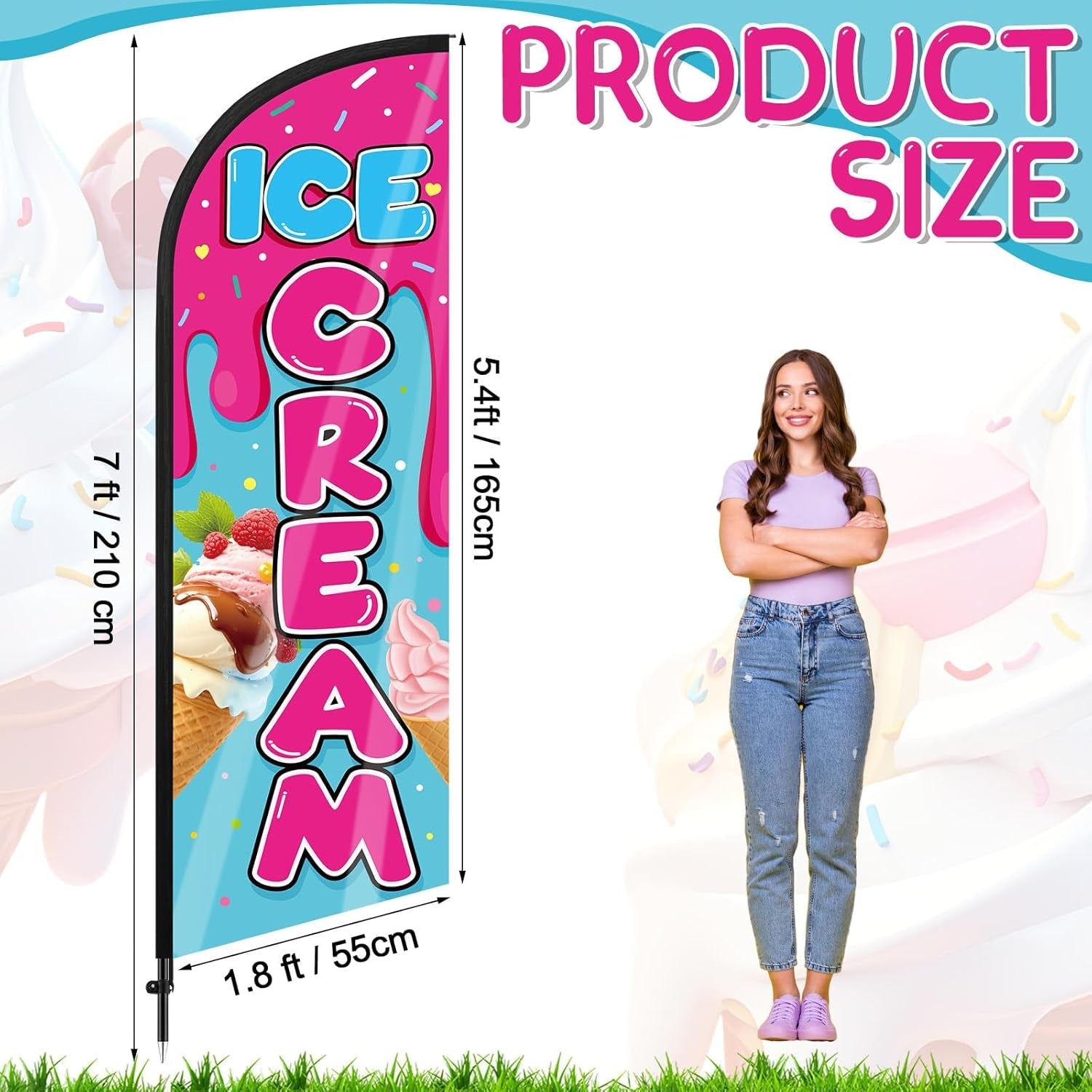 Ice Cream Advertising Feather Flag 7 Ft Advertising Swooper Flag Banner Signs with Pole and Ground Stake for Store Business Outside