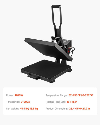 VEVOR Heat Press, 15X15 Power Heat Press Machine for T-Shirts, Fast Heating, High Pressure Digital Industrial Sublimation Printer for Heat Transfer Vinyl, Dark Black